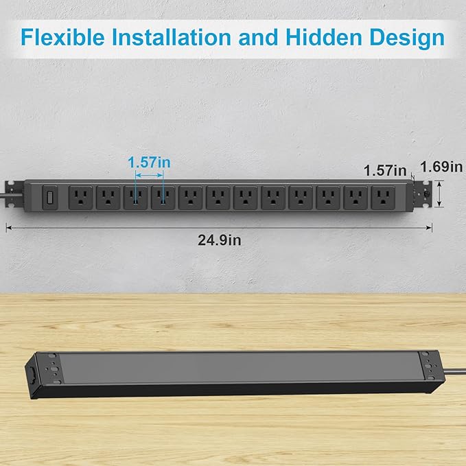HHSOET 360° Rotating 12 Outlet Mountable Power Strip, Aluminum Alloy Long Power Strip,1200J, Heavy Duty Wall Mount Surge Protector with Switch, 3ft Power Cord