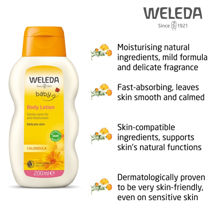 Weleda Baby Calendula Comforting Body Lotion, Plant Rich Moisturizer with Calendula, Chamomile, Sweet Almond and Sesame Oils, 6.8 Fl Oz (Pack of 2)