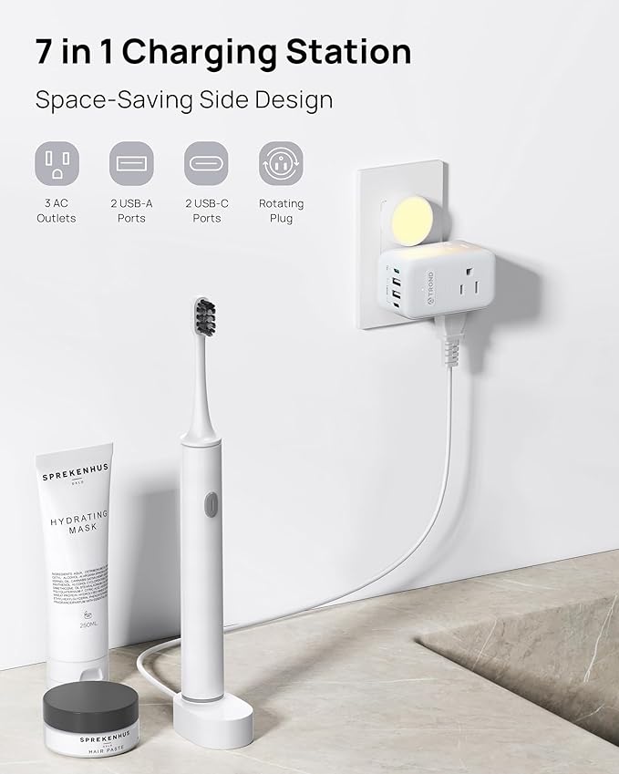 TROND Outlet Extender with 2 PD 20W USB C Charger, 3 AC Multi Plug Outlet Splitter with 360 Rotating Plug, USB Wall Socket Adapter, A Small Charging Station for Kitchen Bathroom Cruise Essentials