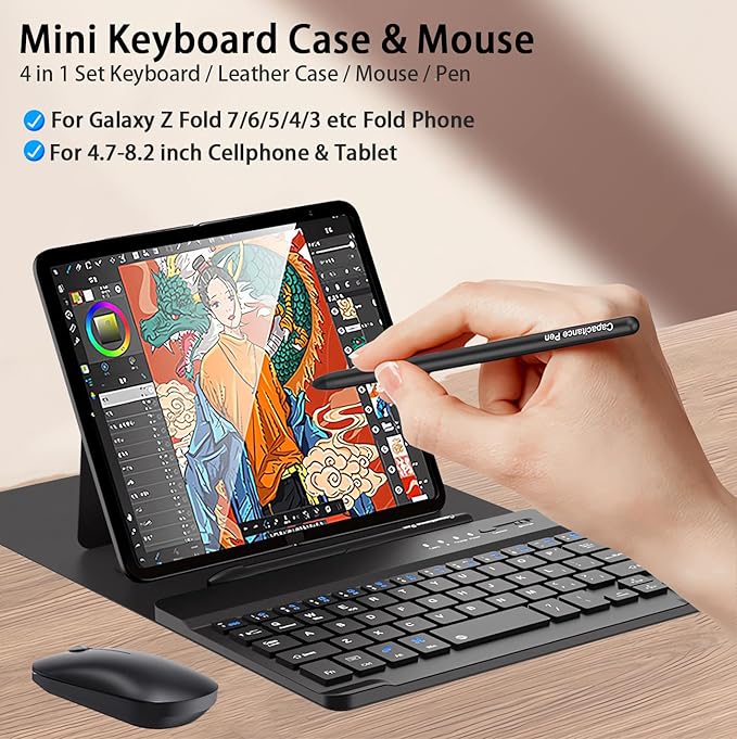 voppton for Samsung Galaxy Z Fold 7 6 5 Keyboard and Mouse, Portable Mini 7.9 inch Bluetooth Keyboard with Leather Stand Case and Pen, 4 in 1 Travel Set for Z Trifold Fold7 Accessories,Black