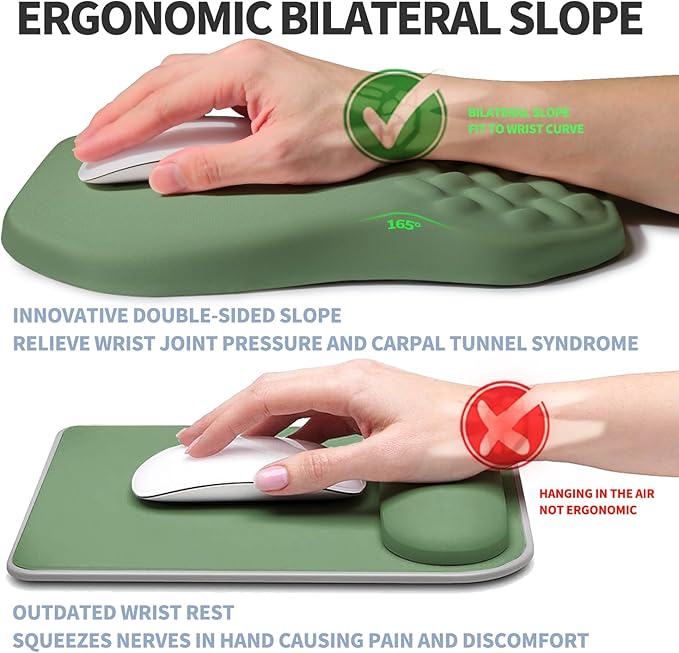 Gleamtide Ergonomic Raised Mouse Pad Wrist Support with Bilateral Slope Memory Foam Mousepad for Wrist Rest and Carpal Tunnel Pain Relief 11.8x7.9〃 Green