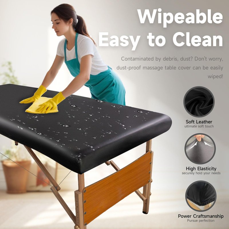 WUSOUPU PU Leather Massage Table Cover Protector Wipeable Massage Bed Cover Made of 4-Ways Elastic 100% Waterproof Material, Machine Washable, Fit Rectangular Tables 28-32" Wide (Black, 1Pcs)