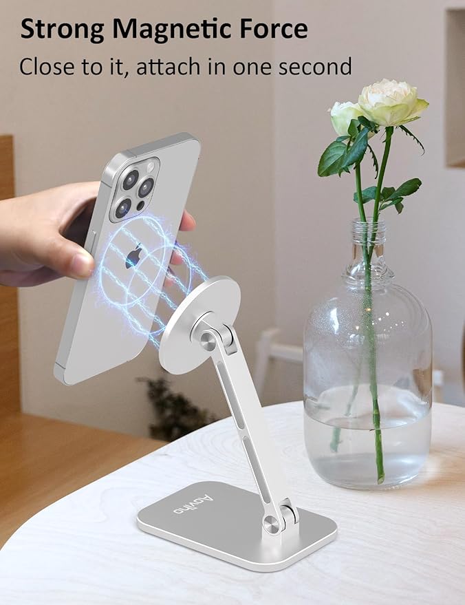 Aoviho Magnetic Phone Stand for MagSafe Adjustable - Aluminum Portable Phone Holder for Desk with 360° Rotating Head Compatible with iPhone 17/16/15/14/13/12 Pro Max and Magnetic Phone Case, Silver