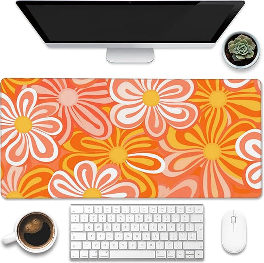 Eflxamz Desk Pad,Hippie Vintage Orange Flowers Desk Mat,Retro Floral Large Gaming Mouse Pad for Desk,Extended Big Computer Keyboard Mouse Pad with Non-Slip Base and Stitched Edge,35.4"x15.7"