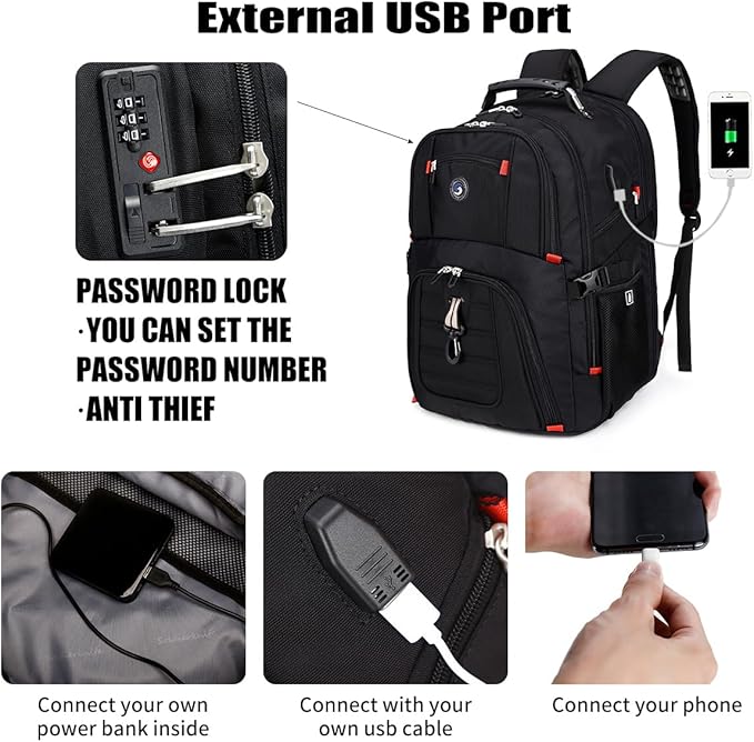SHRRADOO Extra Large 50L Travel Laptop Backpack with combination lock, College Backpack Airline Approved Business Work Bag Fit 17 Inch Laptops for Men Women,Black