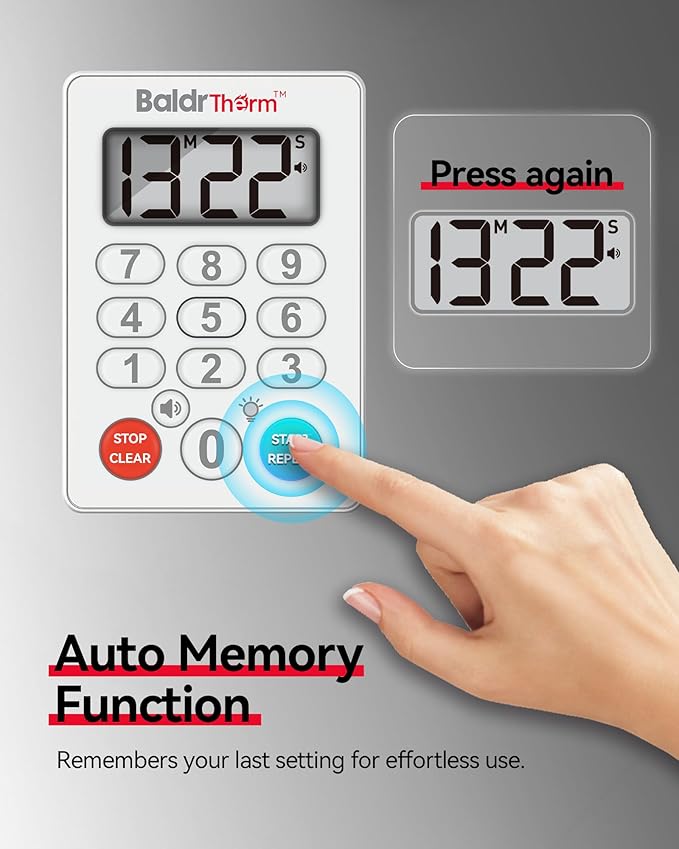 BaldrTherm Digital Kitchen Timer Waterproof, Strong Magnetic Cooking Timer with 3 Adjustable Volume Levels & Silent Flashing Light, Countdown Timer for Cooking, Baking Shower, Classroom, White
