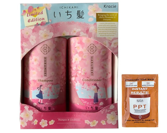 Limited Edition Ichikami Sakura & Cherry Blossom Shampoo and Conditioner Set, 2 Pieces, Pink and White