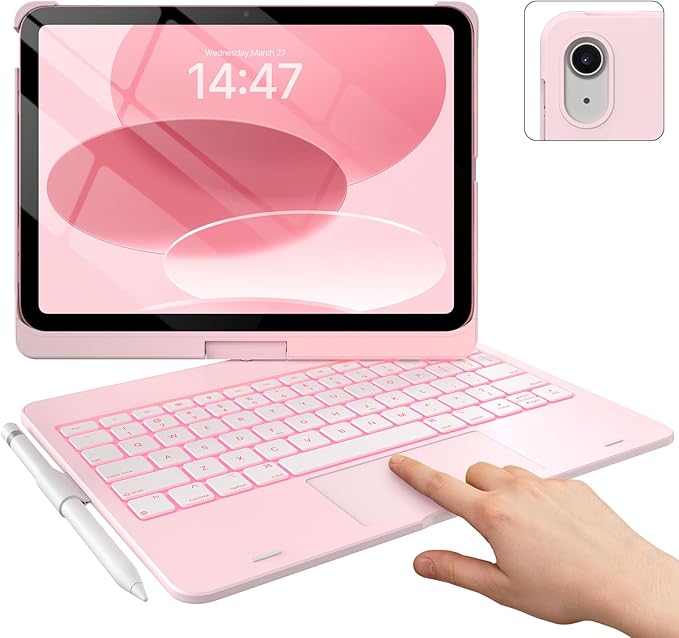 typecase Touch iPad 11th 10th Generation Case with Keyboard (11" 2025, A16 & 10.9" 2022) – 360° Rotatable, 11-Color Backlit, Multi-Touch Trackpad, Pencil Holder, Thin & Light – Light Pink