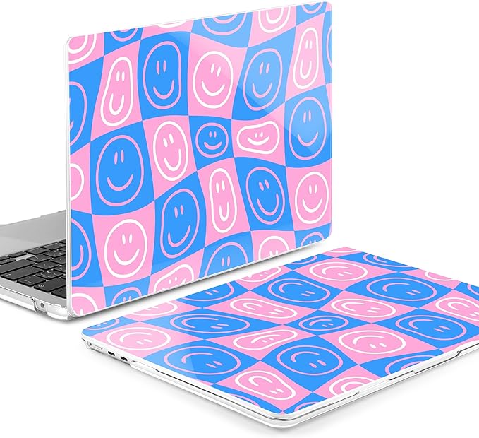 MEEgoodo for M5/M4/M3/M2 MacBook Air 15 inch Case 2026 2025 2024 2023, Case Fit Model (A3448/A3241/A3114/A2941) for MacBook Air 15.3 inch, Smiling Faces & Checkered