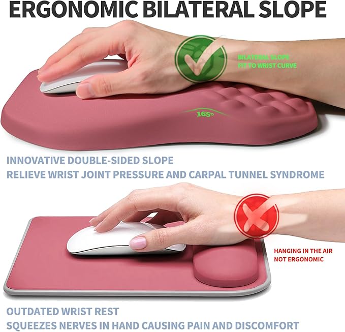 Gleamtide Ergonomic Raised Mouse Pad Wrist Support with Bilateral Slope Memory Foam Mousepad for Wrist Rest and Carpal Tunnel Pain Relief 11.8x7.9〃 Melon Pink