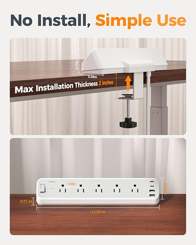 TESSAN Desk Clamp Power Strip 10 Ft, 2100J Surge Protector Desk Charging Station, 5 Outlets with 4 USB Ports (2 USB C), Flat Plug Extension Cord with Multiple Outlets for Home Office Dorm Room, Grey