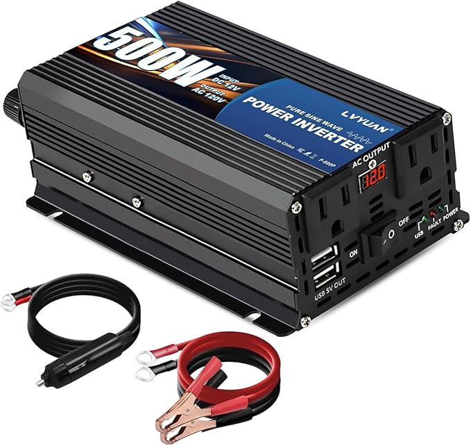 LVYUAN 1000 Watt Pure Sine Wave Power Inverter 12V to 110V/120V DC to AC Converter with Dual Sockets, Dual USB Ports, LED Display for Home Outdoor RV Car Power Inverter Power Adapter (Dark Blue)