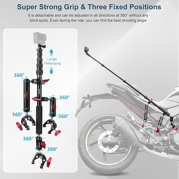 Mechrig Motorcycle Mount kit for Insta36O X5 X4, Bike Handlebar Clamp Mount and 59" Invisible Selfie Stick Bundle Kit, Heavy-Duty Super Clamp Camera Ebike ATV Mount for G02/3 /3S/Ace, GoPr0 13,JC017