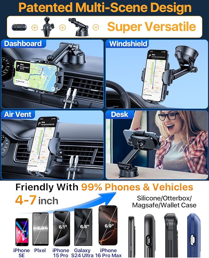 [True Upgrade for Safety] YRU Car Phone Holder Mount [Patent & Military-Grade] Dashboard Cell Phone Holder for Car Vent Windshield Phone Stand for iPhone17 16 15 14 13Pro Max Truck Samsung, Dark Black