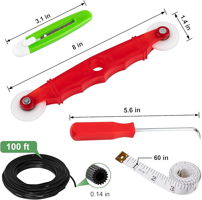 MEQHUO Window Screen Repair Kit, Screen Door Repair Kit, 0.14"X100' Screen Spline for Window Screen, 5 in 1 Screen Replacement Kit, Screen Roller Tool Round Retainer Spline Removal Hook Ruler Cutter