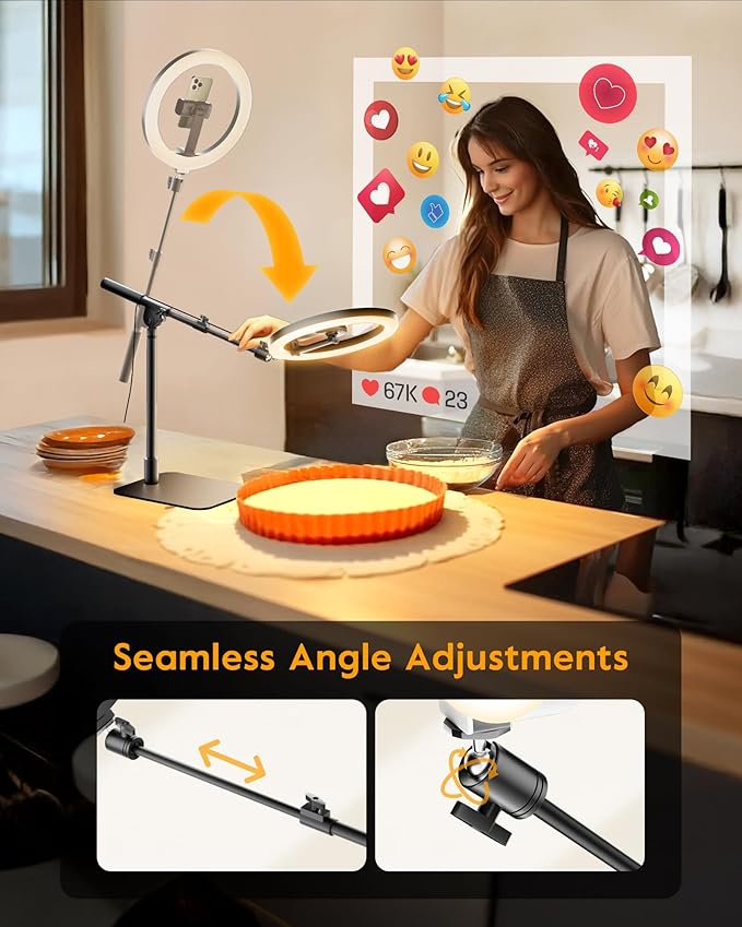 LUXSURE Ring Light with Stand for Desk,Adjustable Overhead Phone Mount with 10" Selfie Light Phone Tripod with Ring Light and Remote, Phone Stand with Light for Video Recording,Live Stream,Cooking