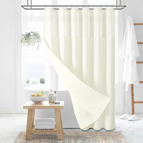 Dynamene 78 Inch Long Shower Curtain, Tall Waffle Fabric Shower Curtains for Bathroom, Hotel Waterproof Cloth Shower Curtain Liner Set with Hooks, Snap in Liner, Mesh Top Window, Cream, 72x78