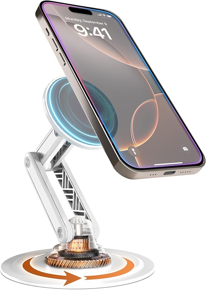 COOPER Mag360, Desktop MagSafe Stand for iPhone 17 Pro Max (16/15/14/13/12), Magnetic Phone Holder for Desk, 360° Rotating, Height Adjustable, Magnetic Phone Stand for Desk, with Metal Ring (White)