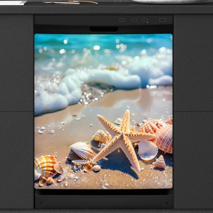 Dishwasher Magnet Cover Sea Beach Starfish Seashell Reusable Dishwasher Magnetic Cover Sticker Decorative Dish Washer Door Cover Panel for Home Kitcen Appliance, 21x26 in