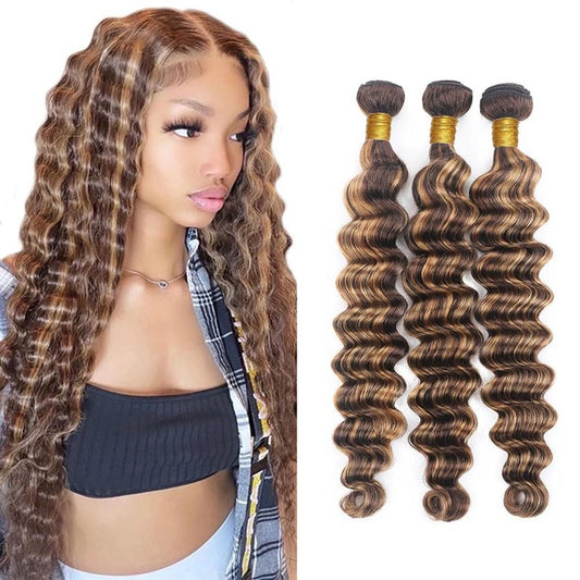 Ombre Bundles Human Hair 4/27 Deep Wave Human Hair Bundles 12 12 12 Inch Highlight Honey Blonde Bundle Double Weft Salon Quality Brazilian Virgin Remy Hair Extensions 300g