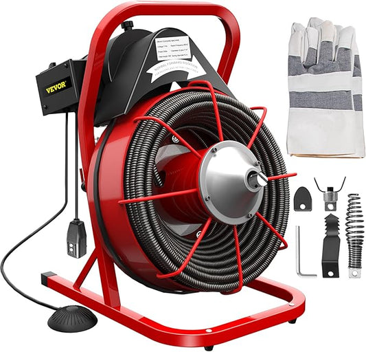 VEVOR Drain Cleaner Machine, 75 Ft x 3/8 Inch, Drain Cleaning Machine Fits 1 to 4 Inch Pipes, Portable Drain Auger Cleaner with 4 Auger Bits, Electric Drain Auger Plumbing Tool