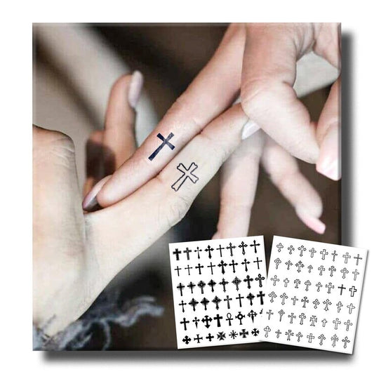 UBICA Semi Permanent Tattoo, 2 Sheets 96 Tiny Cross Temporary Tattoo for Finger Hand, Minimalist Black Christian Religious Fake Tattoos Stickers for Men Women Adult, Lasts 7-15 Days Waterproof