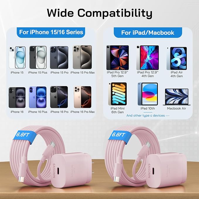 30W USB C i Phone 17 16 15 Charger Fast Charging, 2PACK Wall Charger for iPhone 16 15 Pro Max Charger Cord 6.6FT Fast Type C Block for iPhone 17 Pro Max/17 Air/16/15 Plus/15 Pro Max,i Pad Pro, Pink