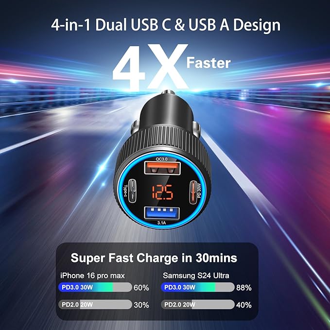 USB C Car Charger, 3 Pack 65W Dual 12V Car Power Adapter with Voltmeter QC+PD 3.0 Multi Port Fast Charging Cigarette Lighter USB Charger for iPhone 17 16 15 14 13 12 Pad Pro Max, Android(Black Gray)