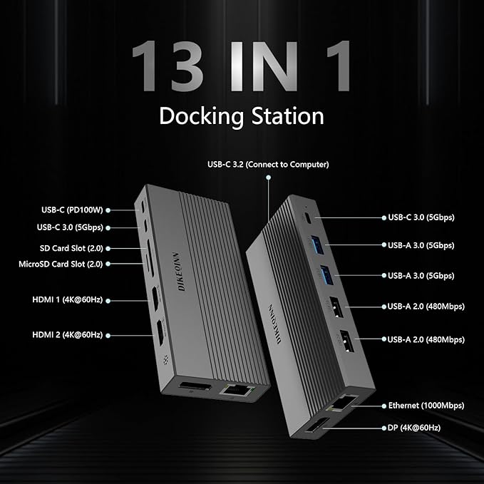 DIKEQINN 13-in-1 USB C Docking Station: Triple 4K Display, 100W Power Delivery, 5Gbps Data Ports, SD/MicroSD Slot - for Dell XPS, HP Laptops & ThinkPad