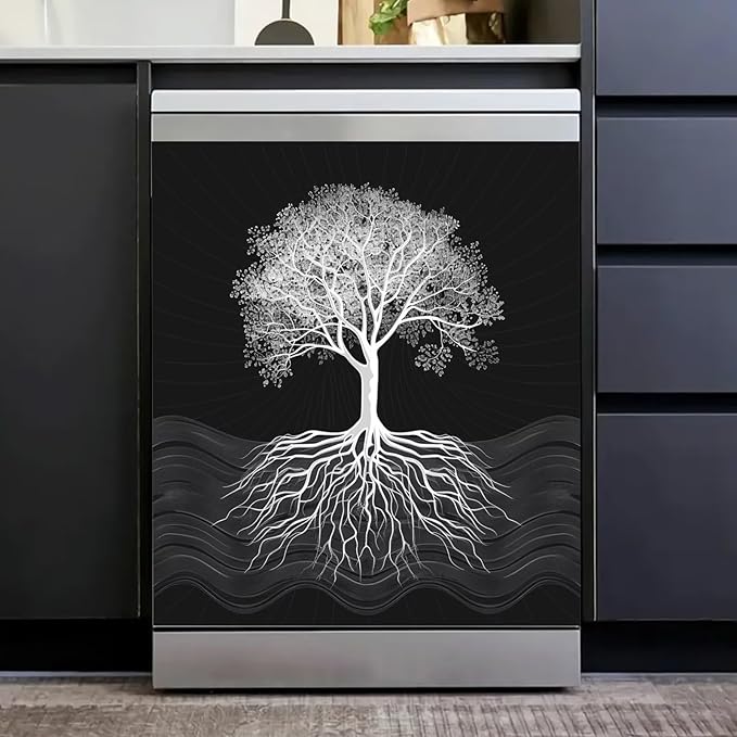 Tree of Life Dishwasher Magnet Cover, Retro Black Dishwasher Panel Decal Kitchen Refrigerator Magnets Decor Dishwasher Stickers for Farmhouse 23" x 26"