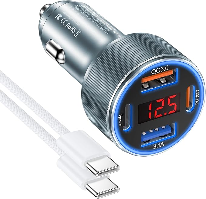 Car Phone Charger for iPhone 17 16 15, Besgoods USB C Car Charger Adapter 4 Ports with Voltmeter PD&QC Fast Charging Cigarette Lighter for Galaxy S25 S24 S23 A16 Dash Cam, with 6ft USB C to C Cable