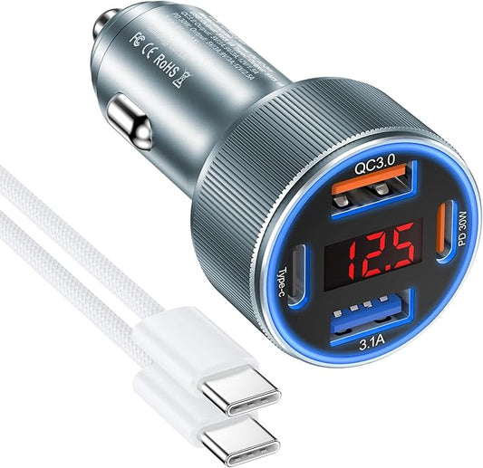 Car Phone Charger for iPhone 17 16 15, Besgoods USB C Car Charger Adapter 4 Ports with Voltmeter PD&QC Fast Charging Cigarette Lighter for Galaxy S25 S24 S23 A16 Dash Cam, with 6ft USB C to C Cable
