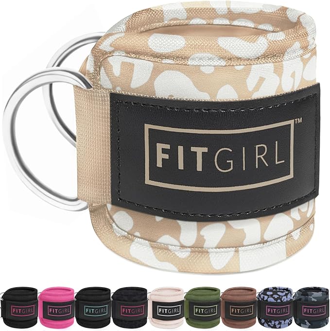 FITGIRL - Ankle Strap (Pair) for Cable Machines and Resistance Bands, Work Out Cuff Attachment for Home & Gym, Glute Workouts - Kickbacks, Leg Extensions, Hip Abductors, Women Only (Beige Leopard)