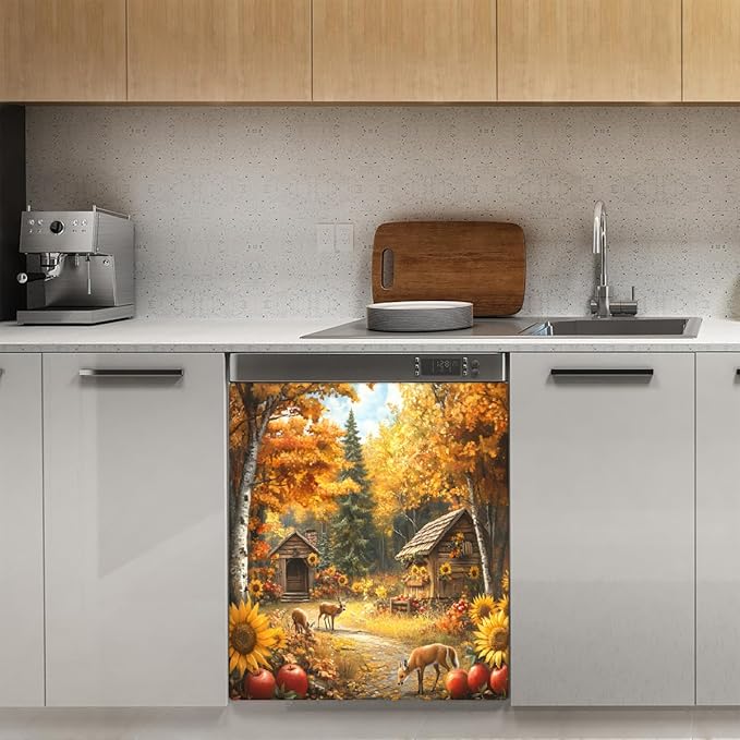 Autumn House Deer Golden Dishwasher Magnet Cover for The Front Magnetic Dishwasher Door Covers Dish Washer Sticker Wrap Home Decorative Appliances Panel Decal Kitchen Decor 23" x 26" (Magnetic)