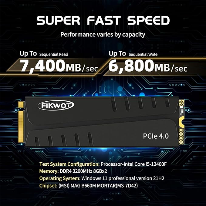 Fikwot FN970 1TB M.2 2280 PCIe Gen4 x4 NVMe 1.4 Internal Solid State Drive with Heatsink - Speeds up to 7,400MB/s, Configure DRAM Cache, Internal SSD