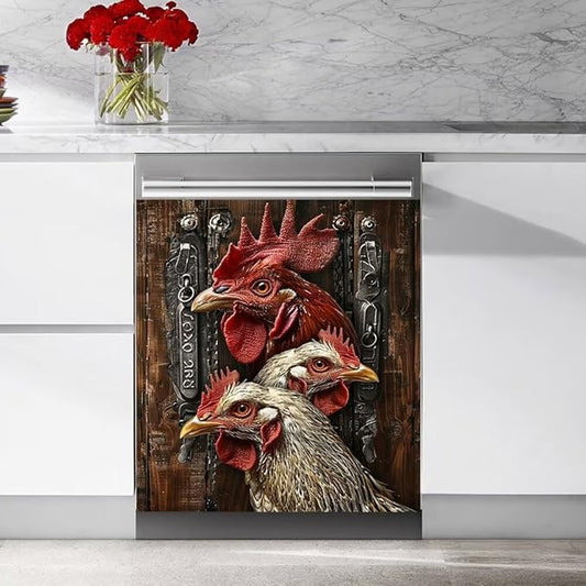 Wood Board and Rooster Pattern Dishwasher Magnet Cover Panel Kitchen Decorative Magnetic Refrigerator Front Door Cover Sticker,23W x 17H inchs