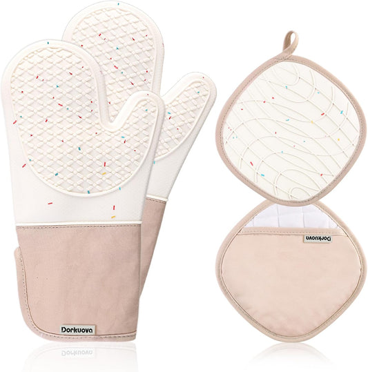 Skiennix Oven Mitts - Cute Heat Resistant Silicone Cooking Gloves | Washable, 500°F, Cream Color