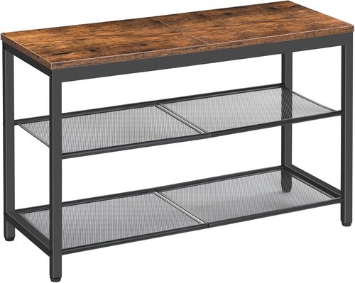 HOOBRO Shoe Bench - 3-Tier Industrial Shoe Organizer with Mesh Shelves - 29.5" Rustic Brown Entryway Storage
