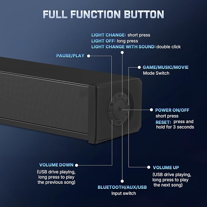 Wohome 2.1 Computer Speakers for Desktop PC, Bluetooth 5.3 Computer Sound Bar with HiFi Sound, 7 RGB Light Modes, DC Powered Laptop Speakers with 3.5mm AUX-in/USB Connected for Game, Music and Movie