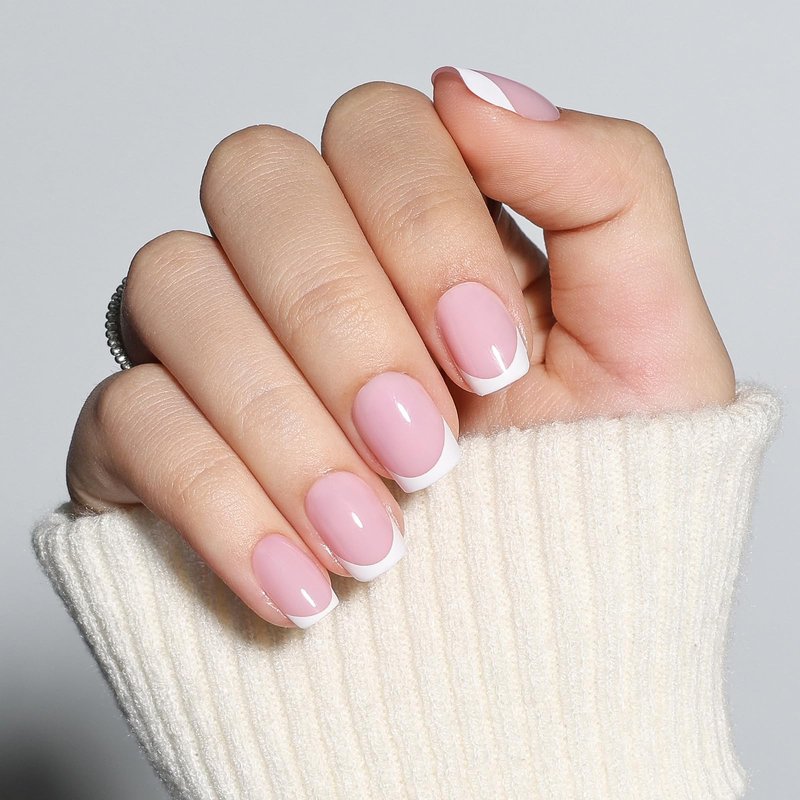 French Tip Press On Nails - Pink and White French Tip Press On Nails Short Square, Reusable Glossy Fake Nails Kit with Glue, 30 Pieces in 15 Sizes