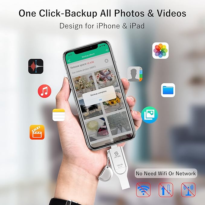 Genuine Apple MFi Certified 3 in 1 iPhone Flash Drive 128GB - Real Capacity Storage - Secure Encrypted Auto Backup Photo Stick for iPhone/iPad/Android/PC External Storage Easily Store & Transfer Files