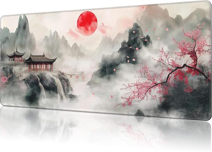 NIYLYNSYN Mouse Pad Large Chinese Landscape Painting Non-Slip Game Desk Mat with Stitched Edge Laptop Keyboard Desk Pad for Work Home Gaming (35.4 x 15.7 Inches)