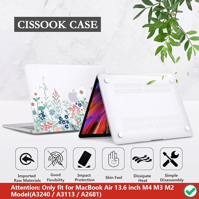 CISSOOK for MacBook Air 13.6 Inch Case 2022 2023 2024 2025 2026 Release Model A2681 A3113 A3240 A3449, Matte Frosted Hard Shell Cover with Keyboard Cover for MacBook Air 13.6 M2 M3 M4 M5 - Wildflowers