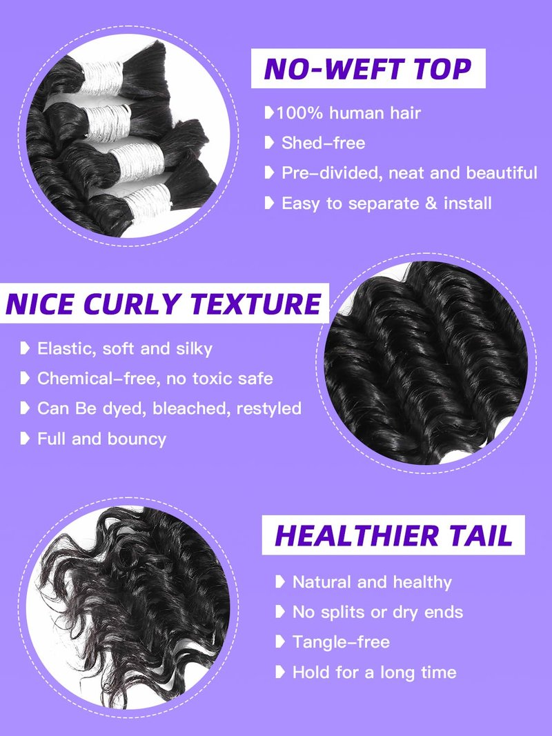 Enaiiby Boho Human Hair Braiding Hair 100g 18 Inch, Deep Wave Curly Human Hair Bundles for Boho Knotless Braids Bulk Hair, 12A No Weft 100% Unprocessed Brazilian Virgin Hair, Naural Black