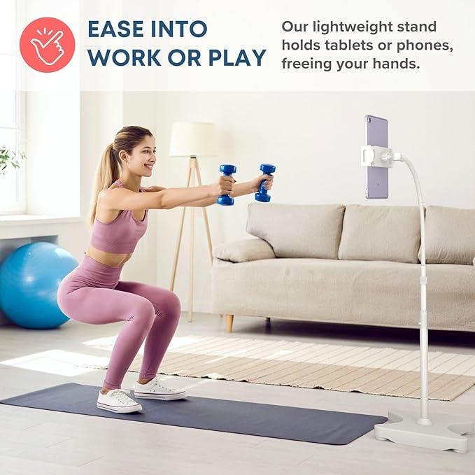 LEVO Adjustable Height Floor Stand for Tablet & Phone - White Without Casters - Gooseneck Holder Mount with Stable Base - Compatible with All Cell Phones & Tablets (4-13 inch)
