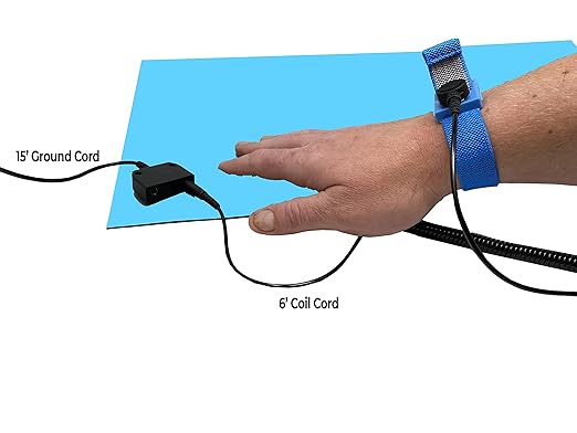 RubberStat Dual Layer ESD Compliant Workstation Rubber Table Mat Kit, Soldering, Cell Phone Repair, with Wrist Strap Set and Ground Cord - 30"x16" Blue