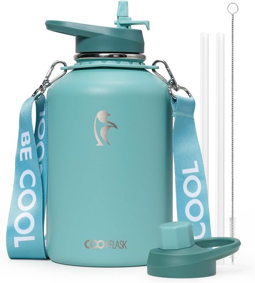 Coolflask Insulated Water Bottle - 64 oz Half Gallon Jug with Straw & Spout Lids | Keeps Drinks Cold for 48h, Hot for 24h, Leak Proof, Non-BPA, Agate Green