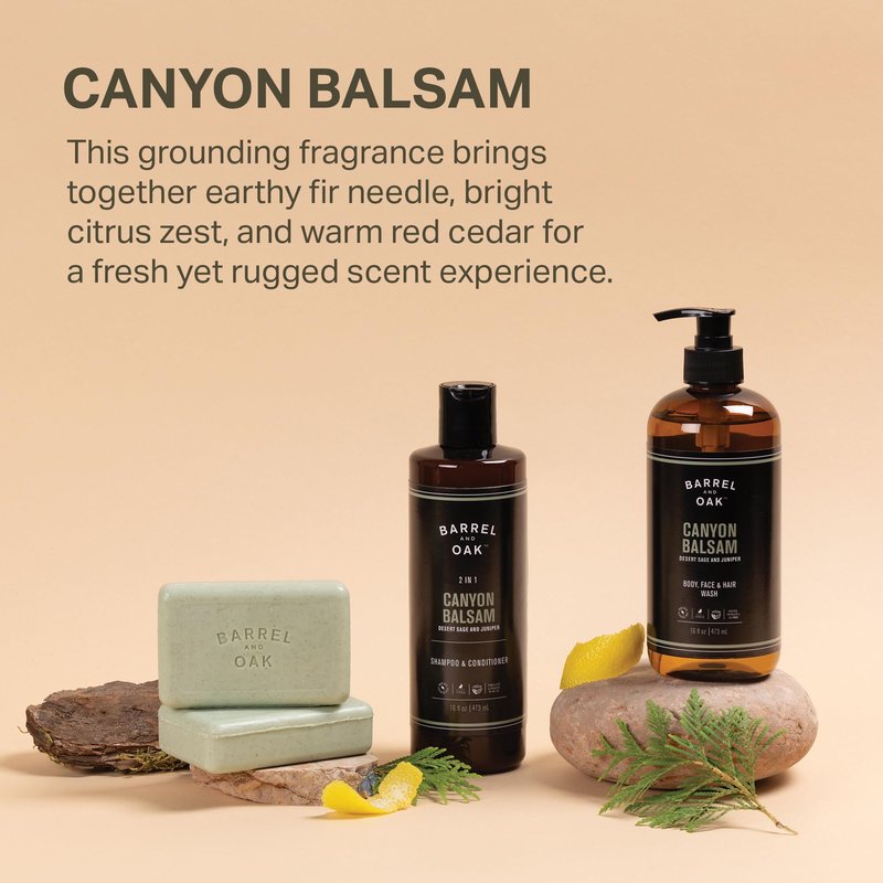 Barrel & Oak Canyon Balsam Body Care Set for Men, All-in-One Body Wash, Exfoliating Bar Soap, & 2-in-1 Shampoo and Conditioner Set, Hydrating Grooming Kit, Vegan Gifts for Men, 3-Pack