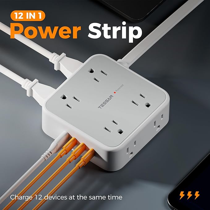 TESSAN Surge Protector Power Strip, 5 Ft Flat Plug Extension Cord with 4 USB (3 USB C) 8 Outlets, 1875W, 900J Protection, 3 Sided Outlet Extender with Power Switch for Office, Dorm Room, Grey