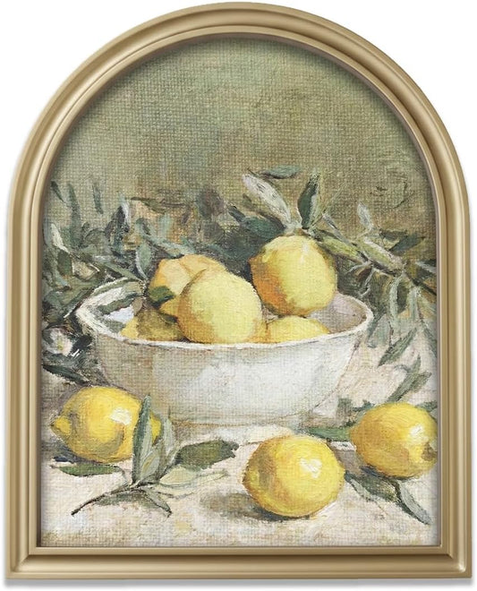 TwoDays Vintage Rustic Lemon Wall Art - Gold Arched Wood Frame Canvas Picture for Kitchen & Dining Room (11" x 13.8")